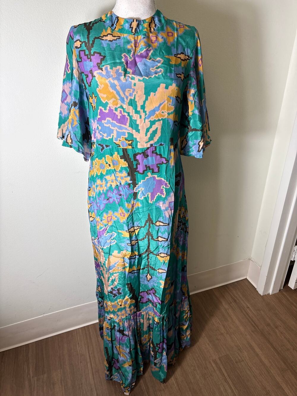 Oliphant Green Half Flutter Sleeve Maxi Dress Sz S